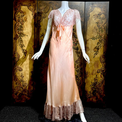 ROLAND MODES vintage 1930s Nightgown slip dress, peachy pink silk bias cut lingerie dress