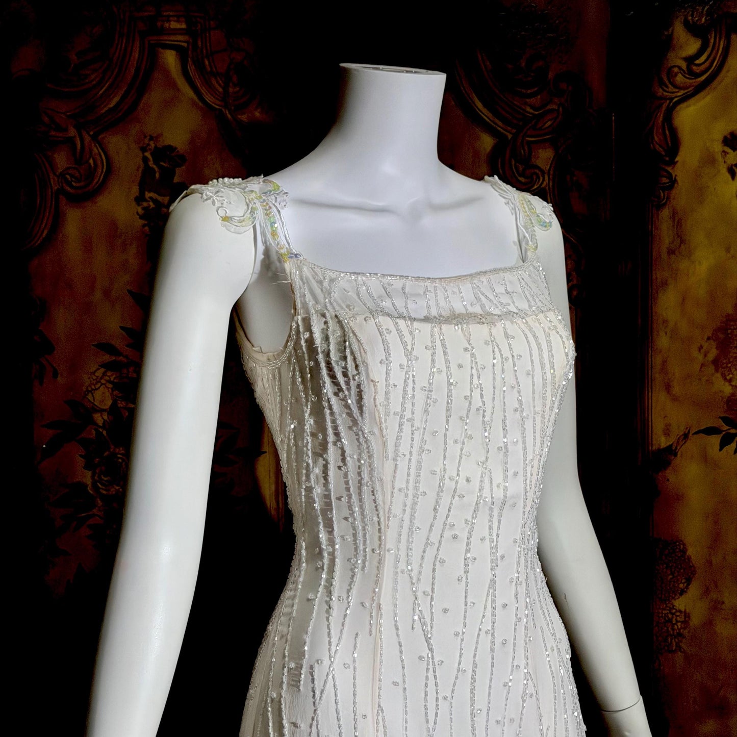 PRONOVIAS vintage wedding dress gown, Y2K white beaded sheath slip dress