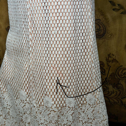DAN LEE COUTURE Vintage 1970s maxi dress, white open weave cotton lace hostess dress