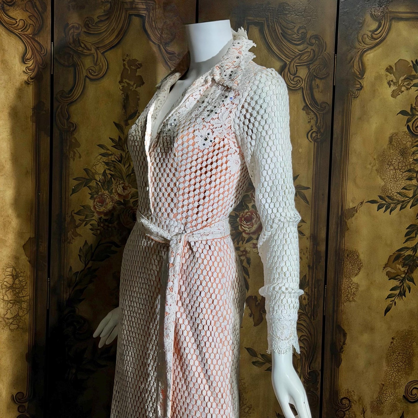 DAN LEE COUTURE Vintage 1970s maxi dress, white open weave cotton lace hostess dress