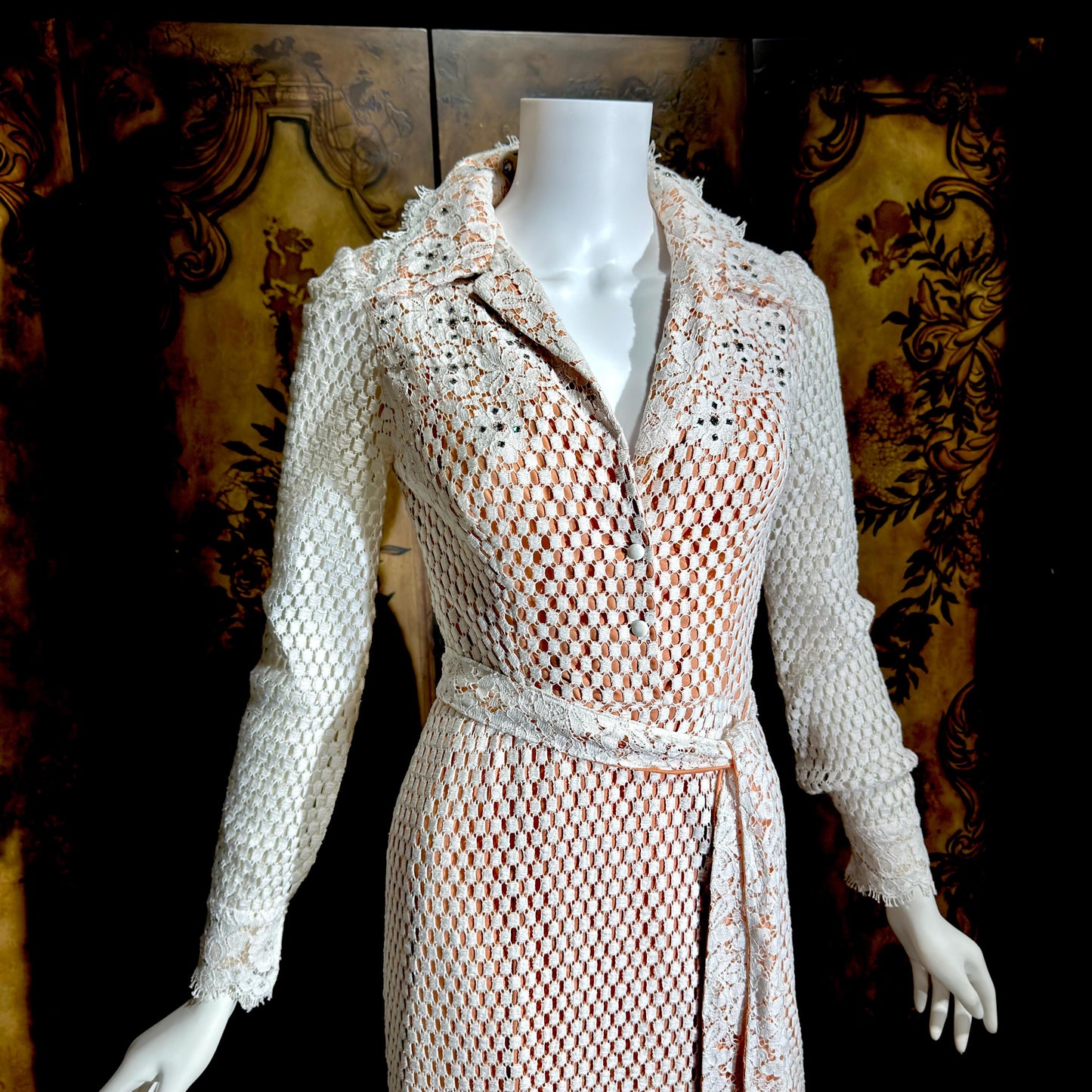 DAN LEE COUTURE Vintage 1970s maxi dress, white open weave cotton lace hostess dress