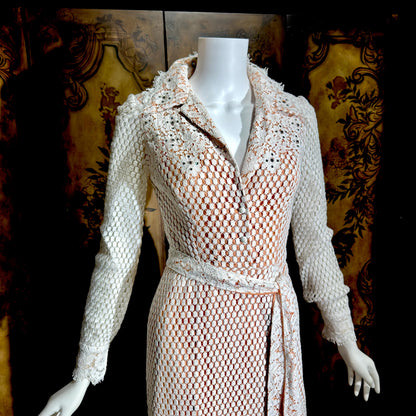 DAN LEE COUTURE Vintage 1970s maxi dress, white open weave cotton lace hostess dress