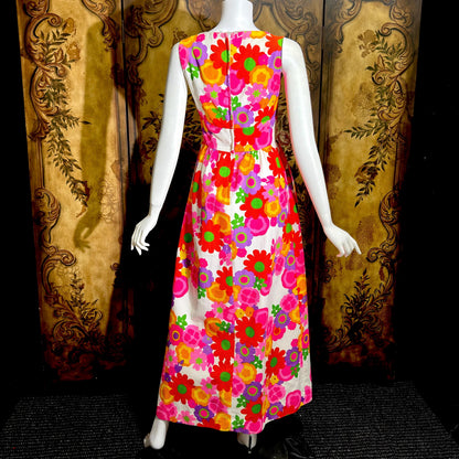 MALIA Vintage 1960s maxi dress, Hawaiian waffled cotton floral summer sundress