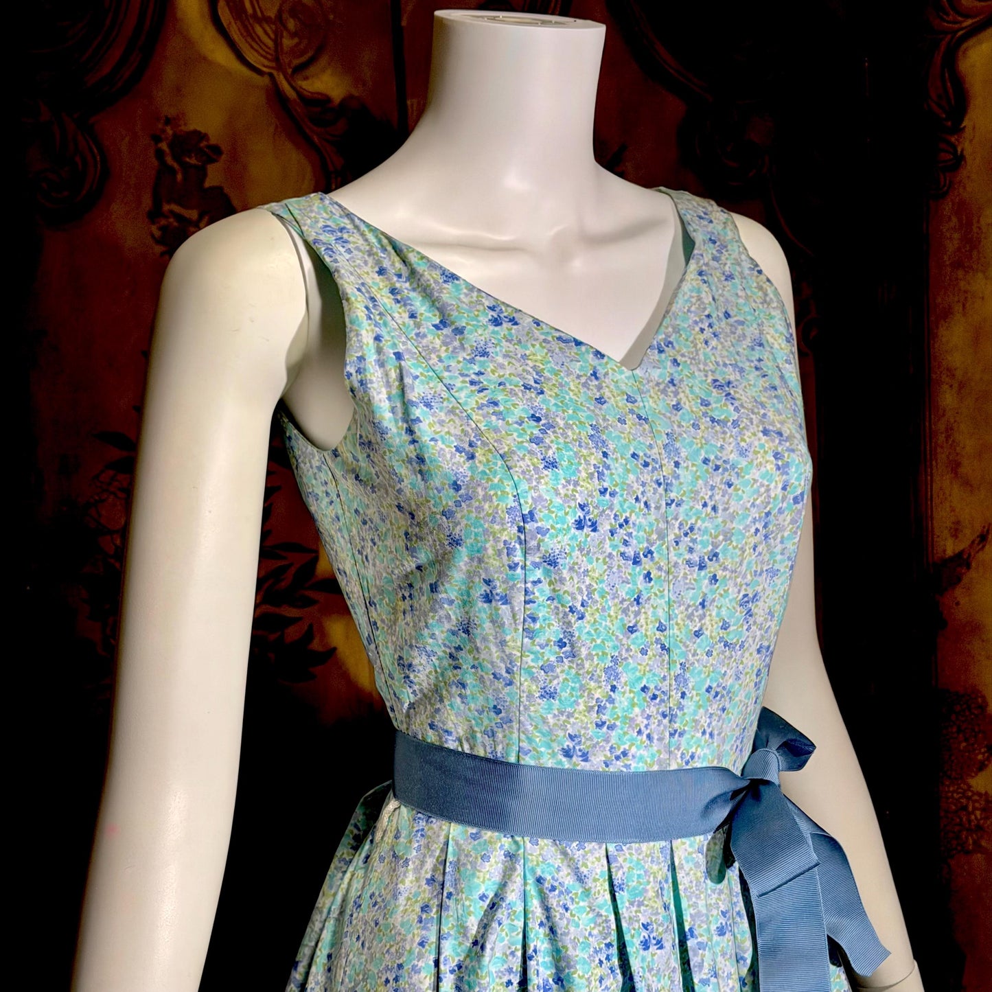 LAURA ASHLEY vintage 1980s day dress, Blue floral cotton full skirt midi dress