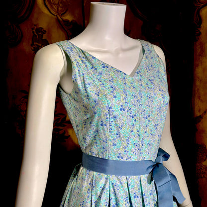 LAURA ASHLEY vintage 1980s day dress, Blue floral cotton full skirt midi dress