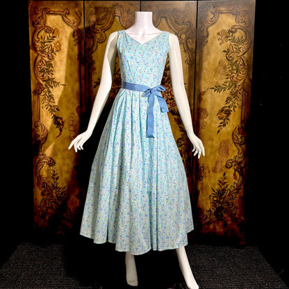 LAURA ASHLEY vintage 1980s day dress, Blue floral cotton full skirt midi dress