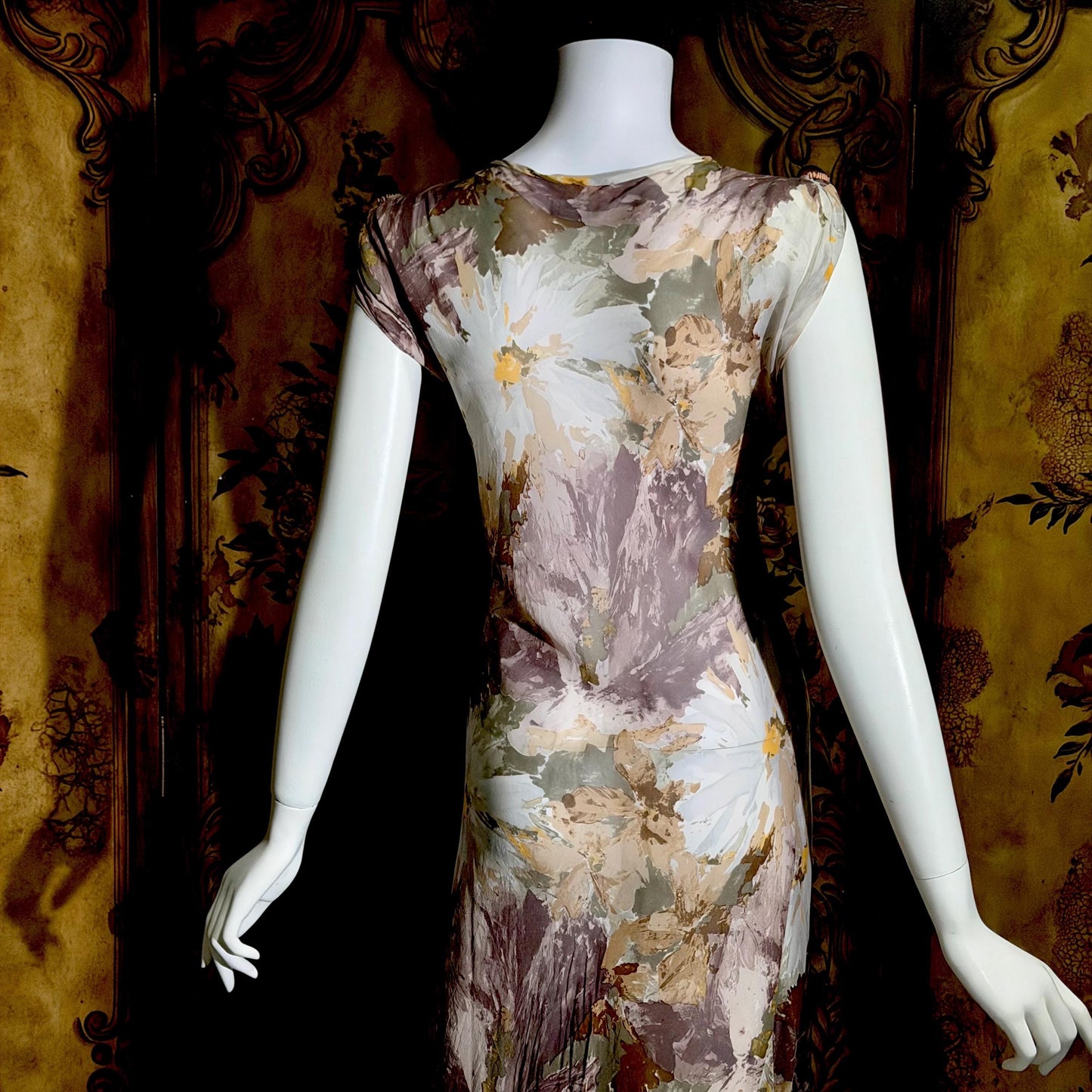 CAROL PERETZ Vintage evening cocktail dress, 1990s Sheer Floral Silk Slip Dress