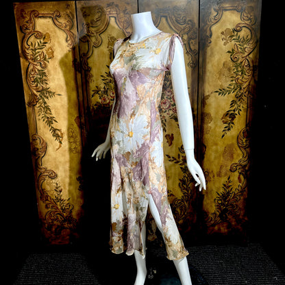 CAROL PERETZ Vintage evening cocktail dress, 1990s Sheer Floral Silk Slip Dress