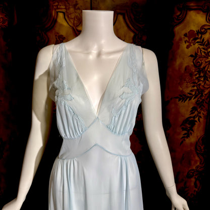 MONDAINE vintage 1940s Nightgown Slip Dress, powder blue nylon lingerie dress