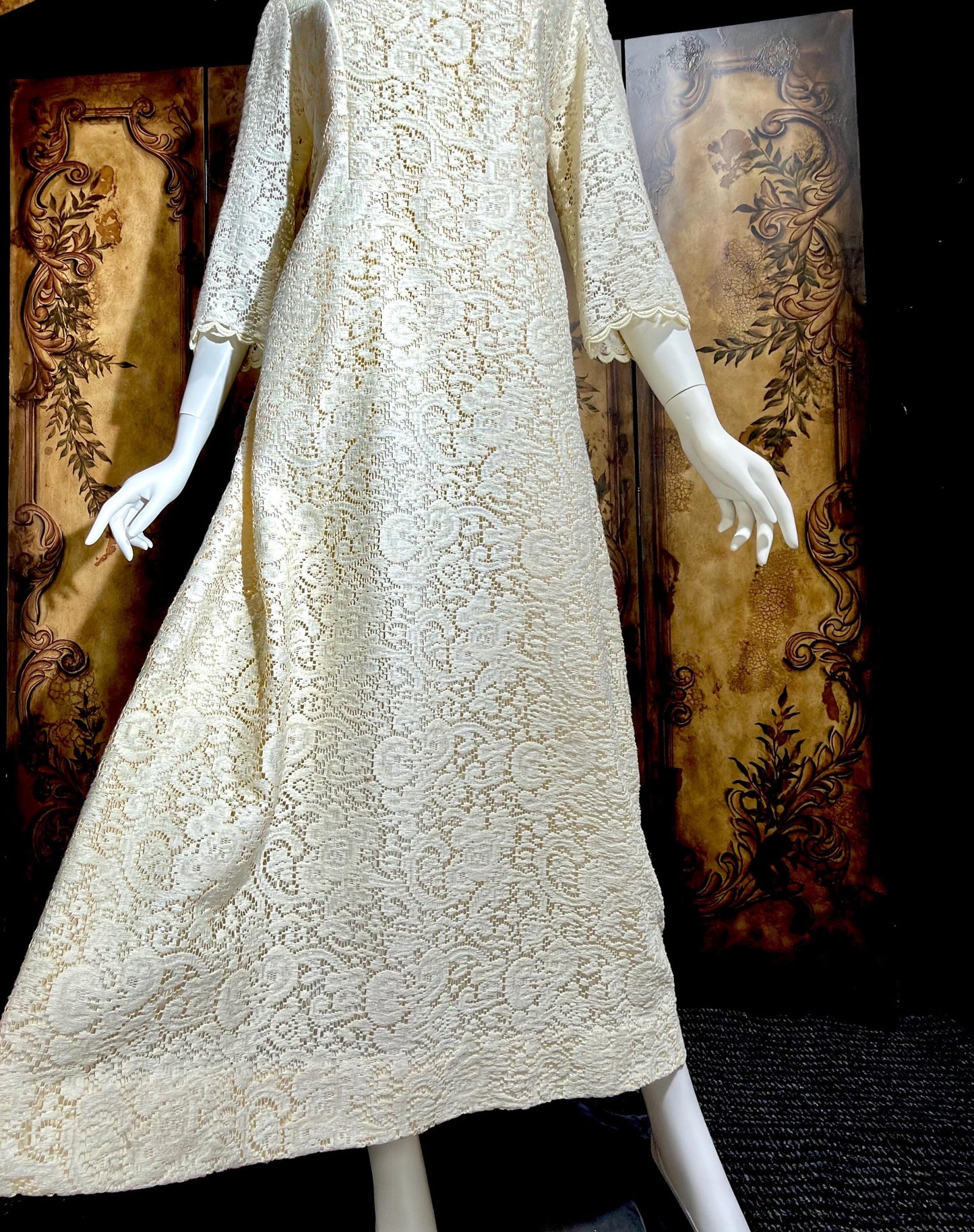 CHEZ MARGO Vintage evening dress gown, 1970s Margate NJ White Lace Shift Gown