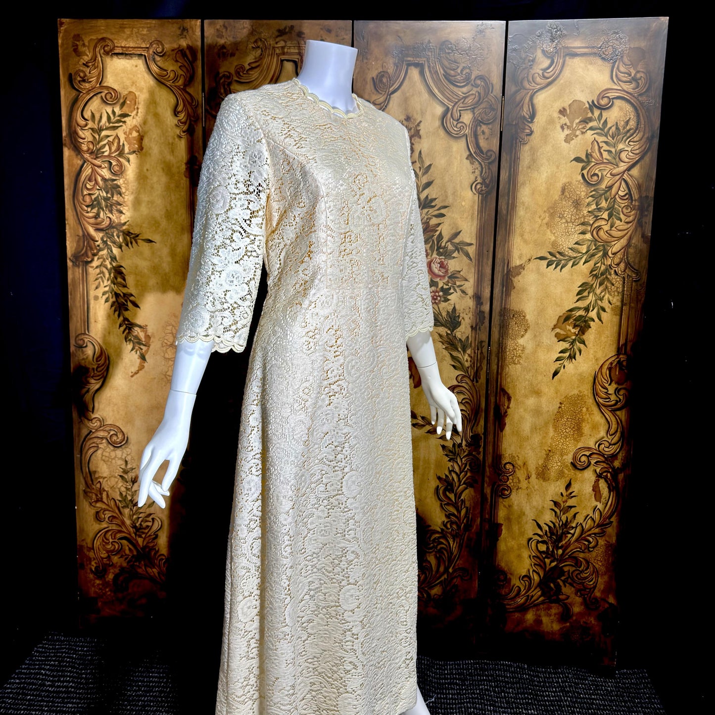 CHEZ MARGO Vintage evening dress gown, 1970s Margate NJ White Lace Shift Gown