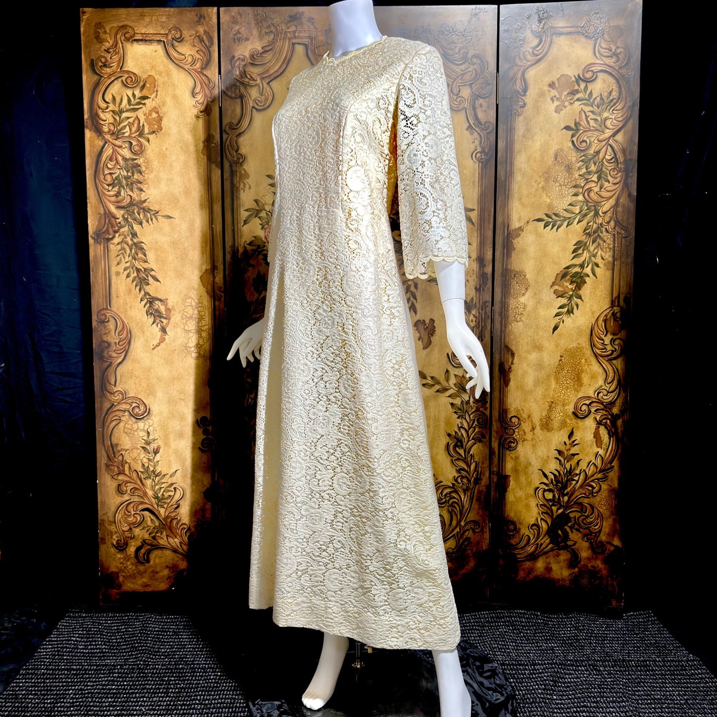CHEZ MARGO Vintage evening dress gown, 1970s Margate NJ White Lace Shift Gown
