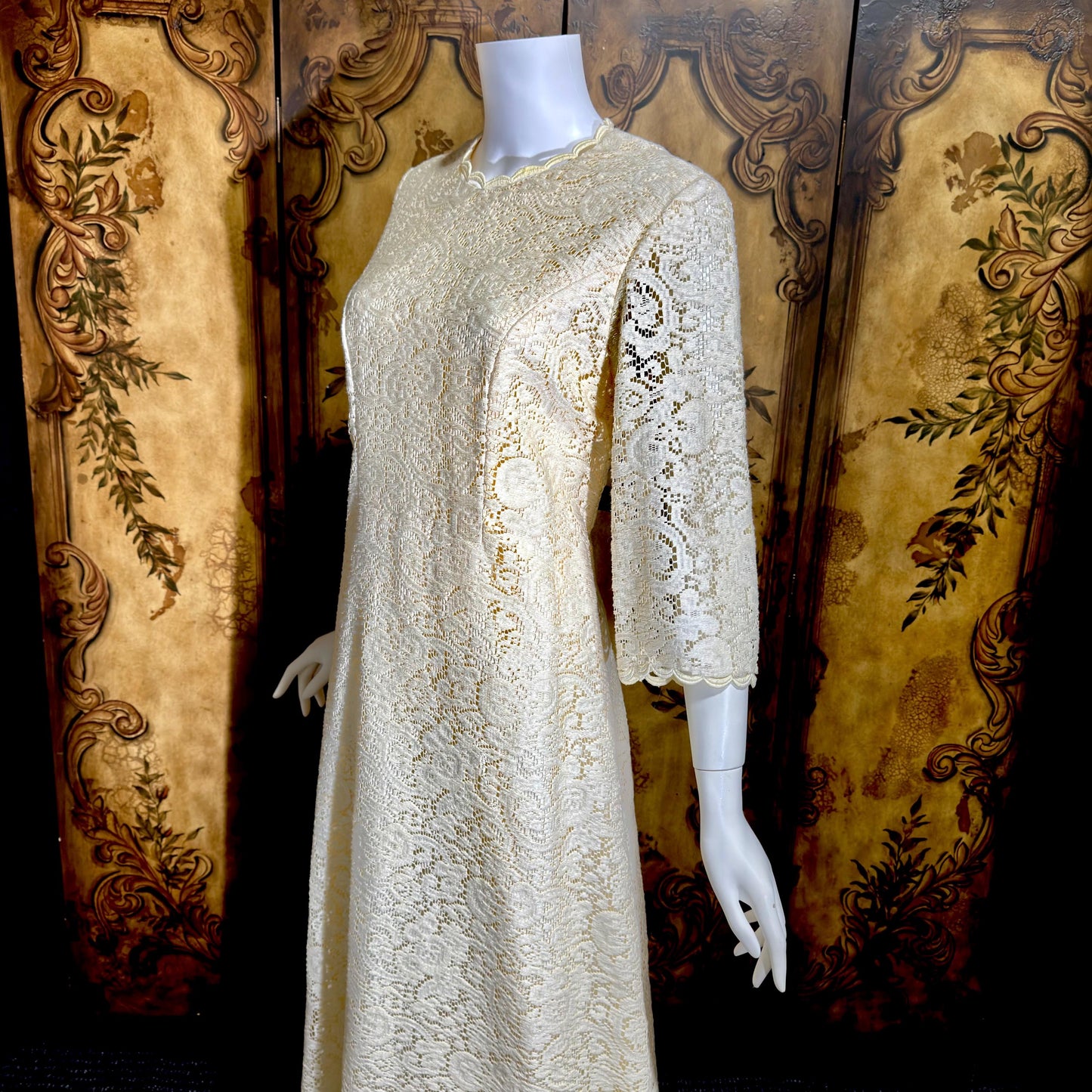 CHEZ MARGO Vintage evening dress gown, 1970s Margate NJ White Lace Shift Gown