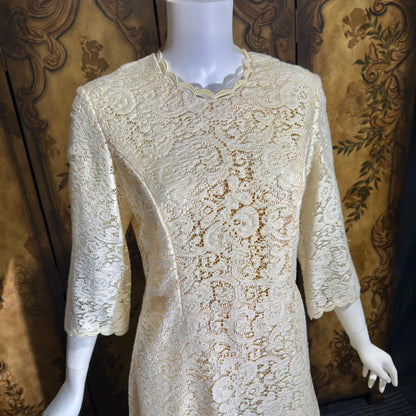 CHEZ MARGO Vintage evening dress gown, 1970s Margate NJ White Lace Shift Gown
