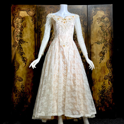 COUNTRY ELEGANCE vintage 1970s wedding dress gown,  Susan Lane Boho white lace long sleeve dress