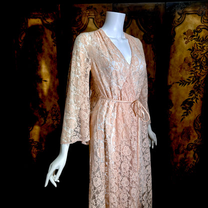 GLYDONS Vintage dressing gown robe, 1960s angel sleeve pink lace duster
