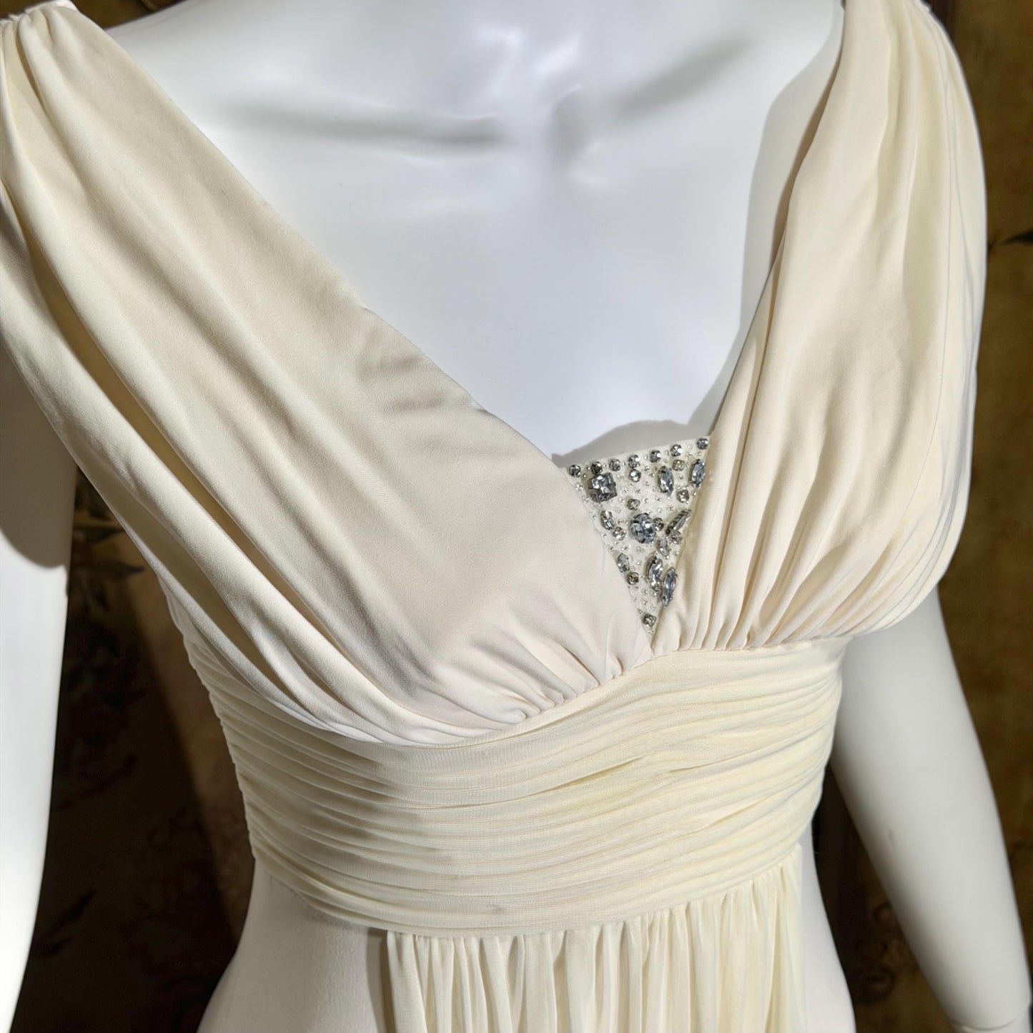 1990s vintage wedding dress gown, Grecian Goddess white jersey knit gown