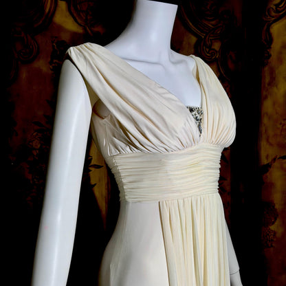 1990s vintage wedding dress gown, Grecian Goddess white jersey knit gown