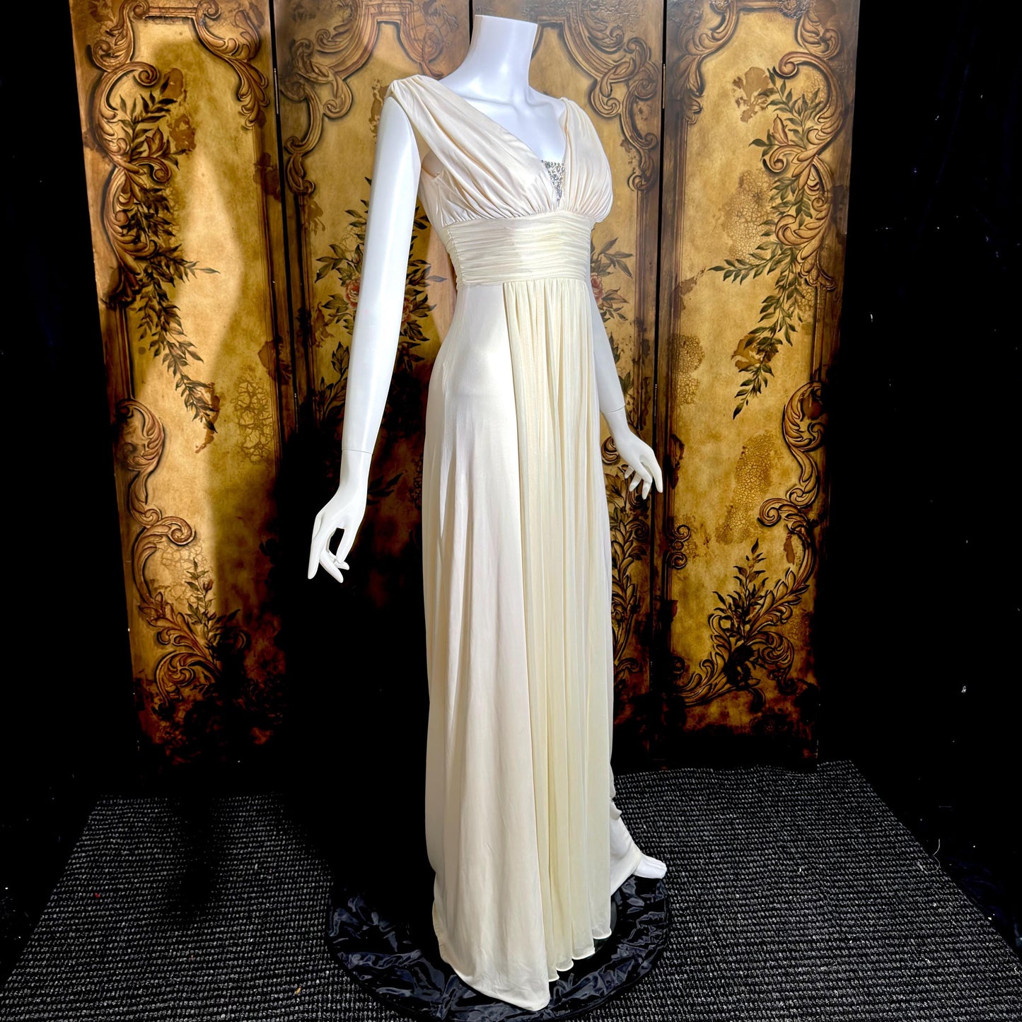 1990s vintage wedding dress gown, Grecian Goddess white jersey knit gown