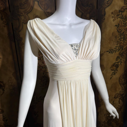 1990s vintage wedding dress gown, Grecian Goddess white jersey knit gown