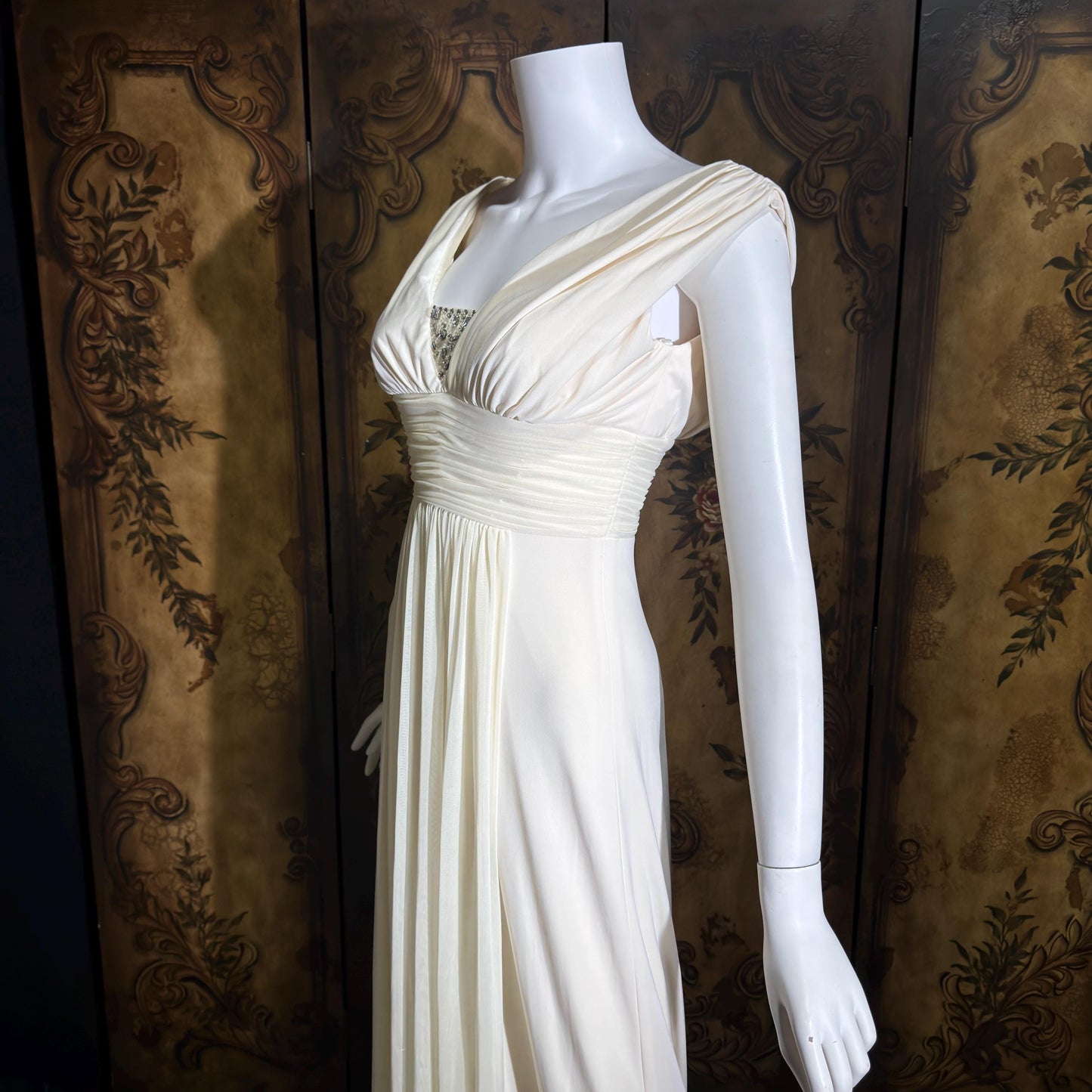 1990s vintage wedding dress gown, Grecian Goddess white jersey knit gown