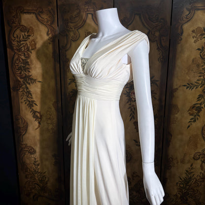 1990s vintage wedding dress gown, Grecian Goddess white jersey knit gown
