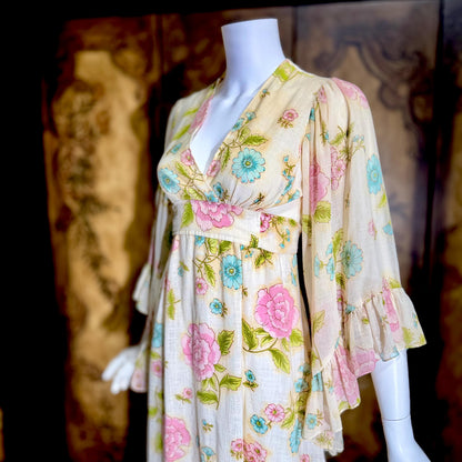 1970s Vintage floral Maxi Dress, Gauzy Angel sleeve Hippie Boho Garden Party dress