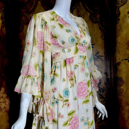 1970s Vintage floral Maxi Dress, Gauzy Angel sleeve Hippie Boho Garden Party dress