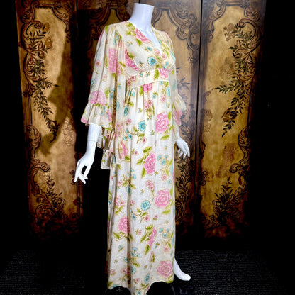 1970s Vintage floral Maxi Dress, Gauzy Angel sleeve Hippie Boho Garden Party dress
