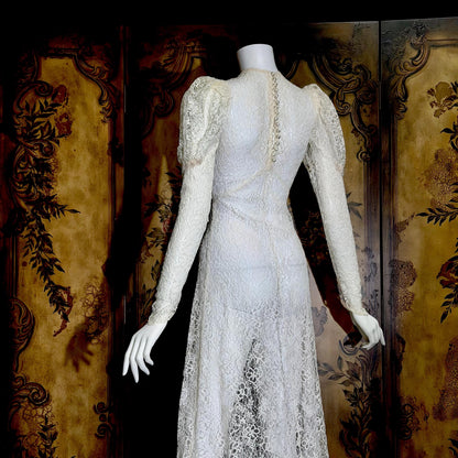 1940s vintage wedding dress, White sheer lace long sleeve sheath gown with train