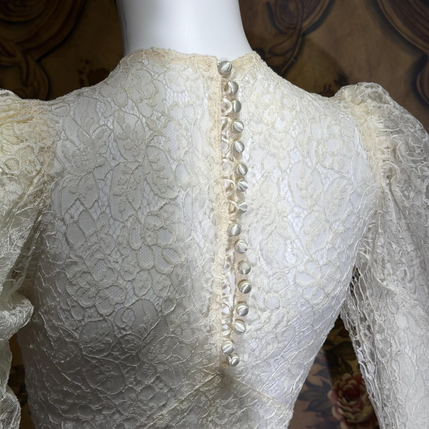 1940s vintage wedding dress, White sheer lace long sleeve sheath gown with train