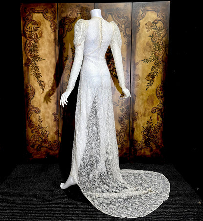 1940s vintage wedding dress, White sheer lace long sleeve sheath gown with train