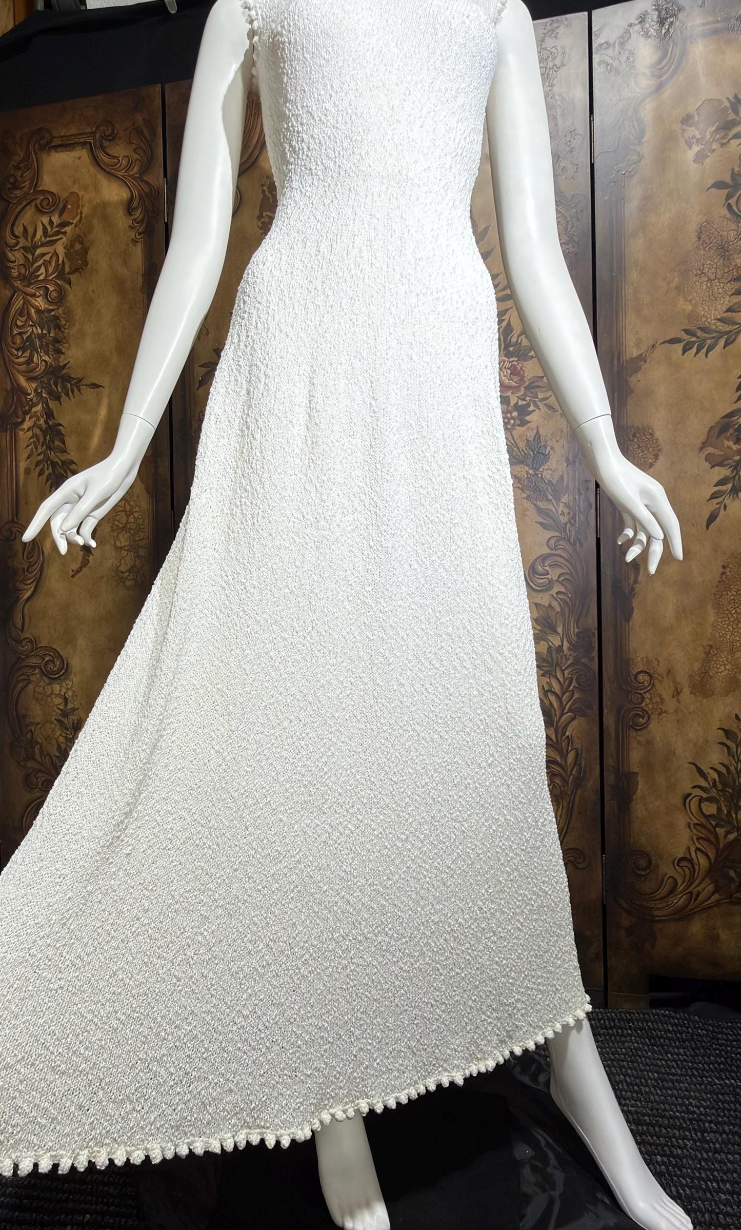 1960s Vintage crochet knit dress, white maxi bodycon evening party dress, stretchy