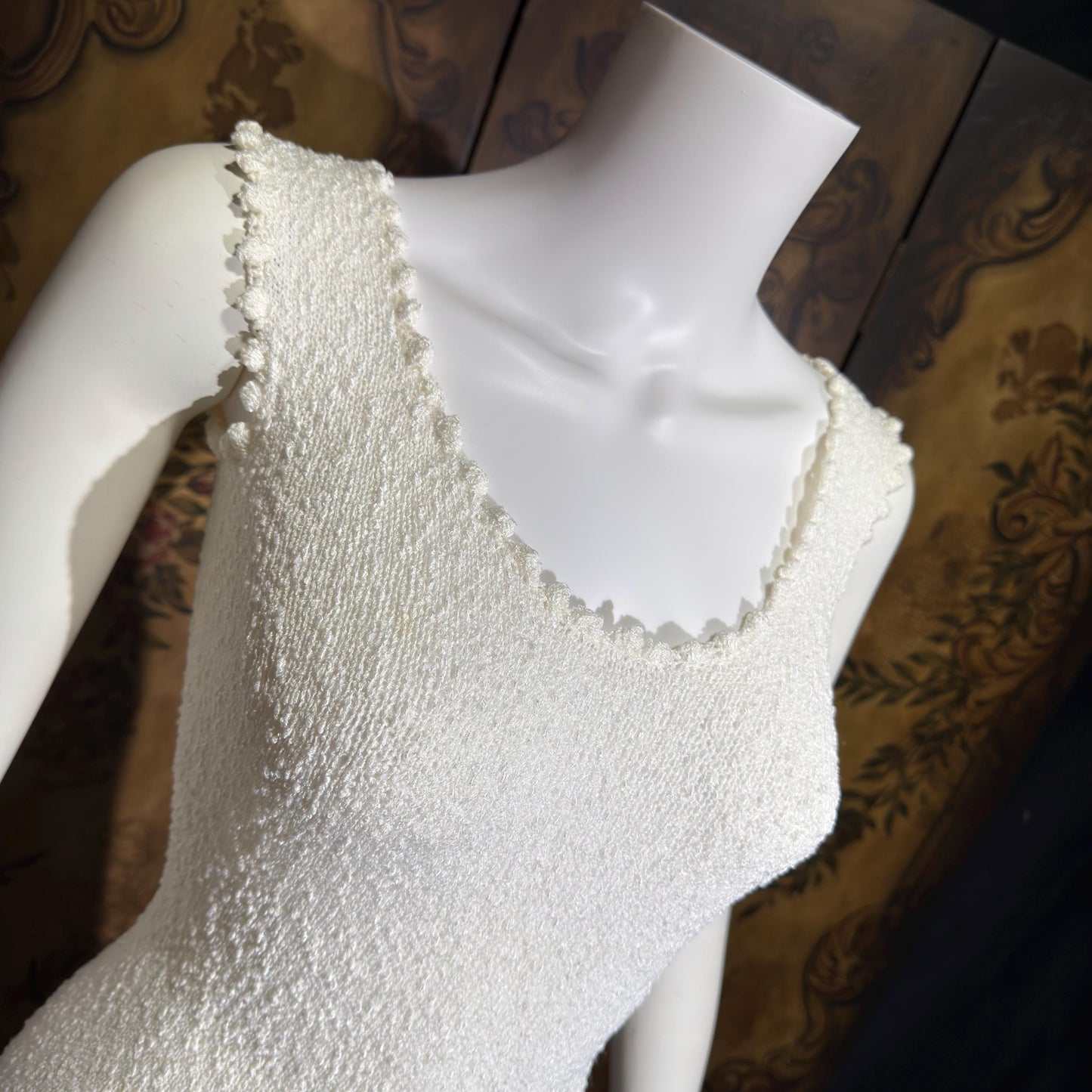 1960s Vintage crochet knit dress, white maxi bodycon evening party dress, stretchy