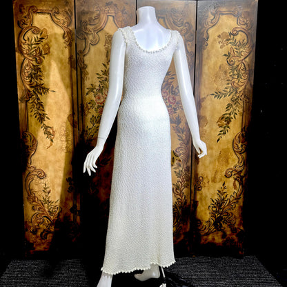 1960s Vintage crochet knit dress, white maxi bodycon evening party dress, stretchy