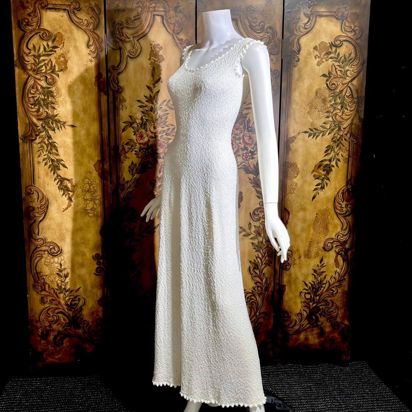 1960s Vintage crochet knit dress, white maxi bodycon evening party dress, stretchy