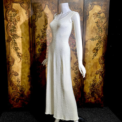 1960s Vintage crochet knit dress, white maxi bodycon evening party dress, stretchy