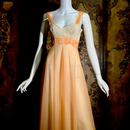 MALOOF Vintage 1950s nightgown robe set, peignoir set, Double layer Peach chiffon lingerie dress