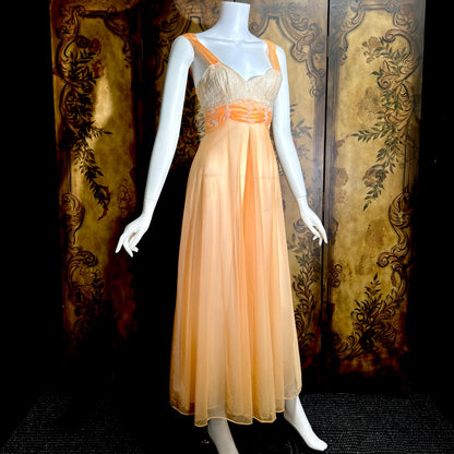 MALOOF Vintage 1950s nightgown robe set, peignoir set, Double layer Peach chiffon lingerie dress