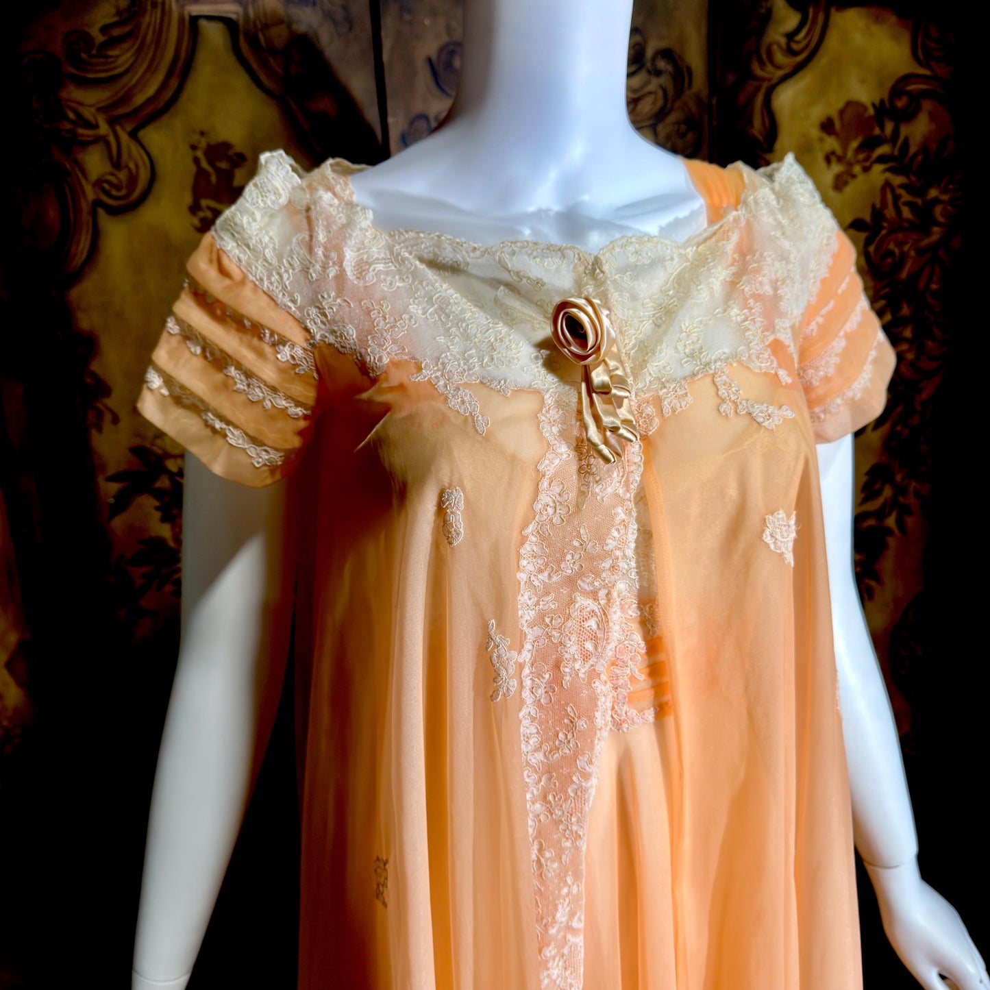 MALOOF Vintage 1950s nightgown robe set, peignoir set, Double layer Peach chiffon lingerie dress