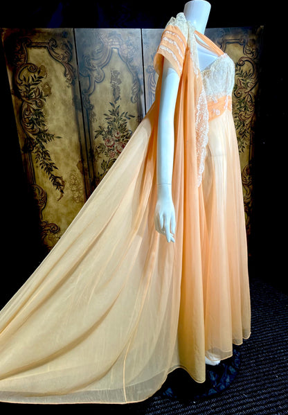 MALOOF Vintage 1950s nightgown robe set, peignoir set, Double layer Peach chiffon lingerie dress