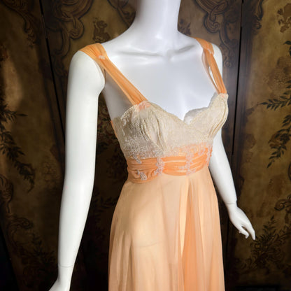 MALOOF Vintage 1950s nightgown robe set, peignoir set, Double layer Peach chiffon lingerie dress