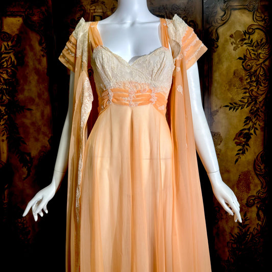 MALOOF Vintage 1950s nightgown robe set, peignoir set, Double layer Peach chiffon lingerie dress
