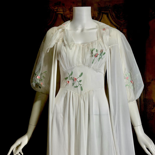 VANITY FAIR vintage 1950s peignoir slip dress set, frothy white nylon bridal nightgown robe set