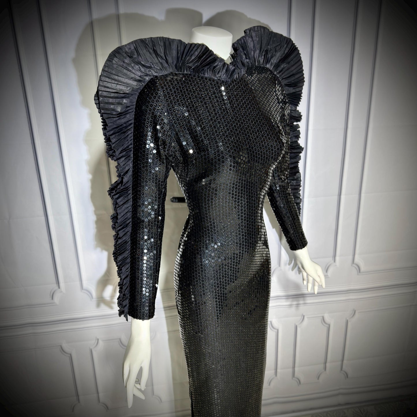 LORIS AZZARO Vintage evening dress gown, Giorgio Beverly Hills, Bodycon Black Sequin sheath, Malelificent