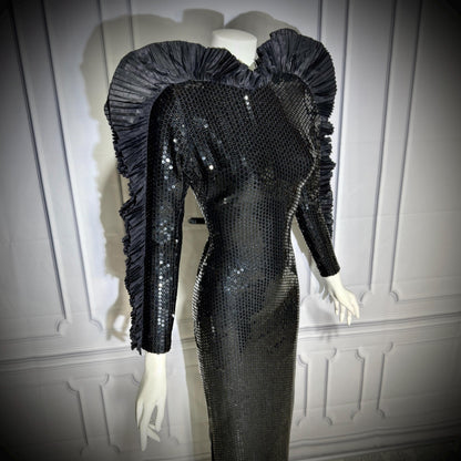 LORIS AZZARO Vintage evening dress gown, Giorgio Beverly Hills, Bodycon Black Sequin sheath, Malelificent