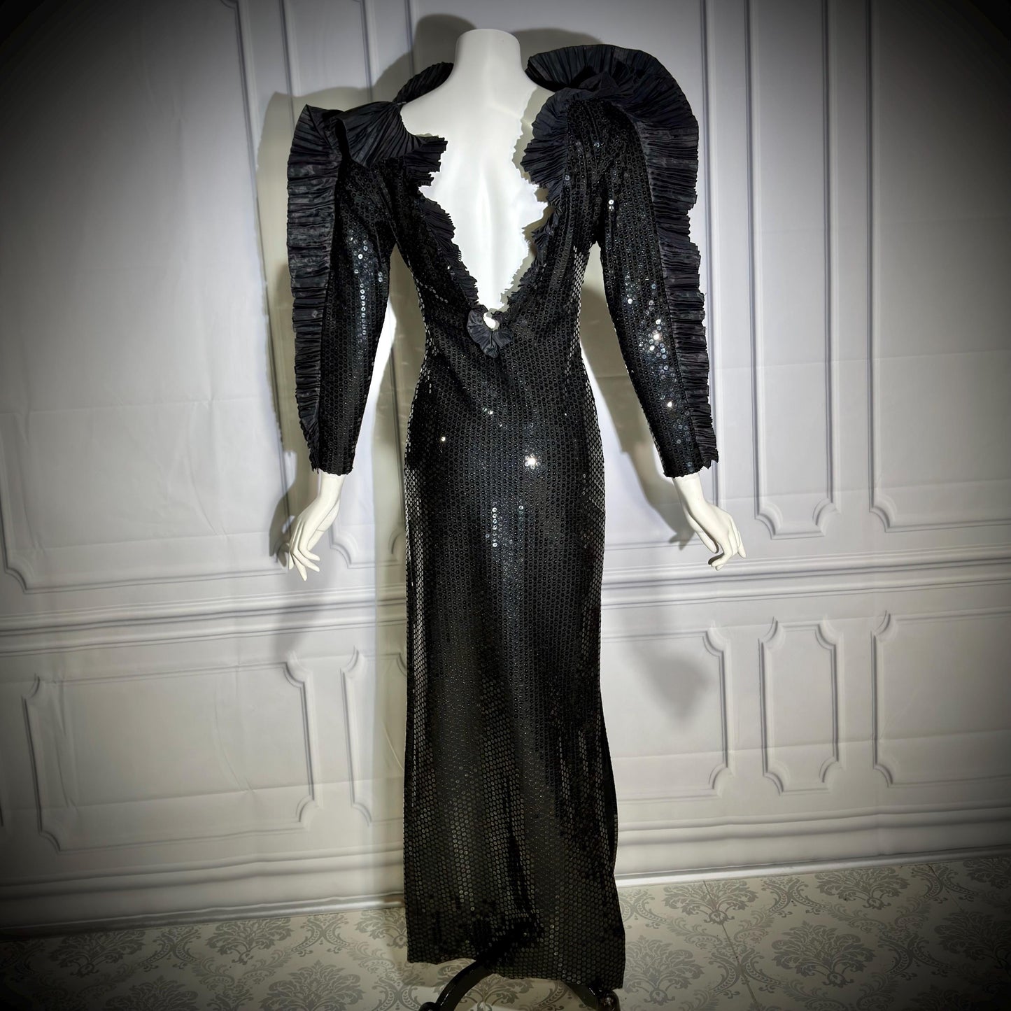 LORIS AZZARO Vintage evening dress gown, Giorgio Beverly Hills, Bodycon Black Sequin sheath, Malelificent