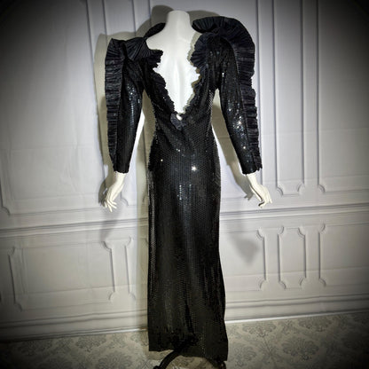 LORIS AZZARO Vintage evening dress gown, Giorgio Beverly Hills, Bodycon Black Sequin sheath, Malelificent