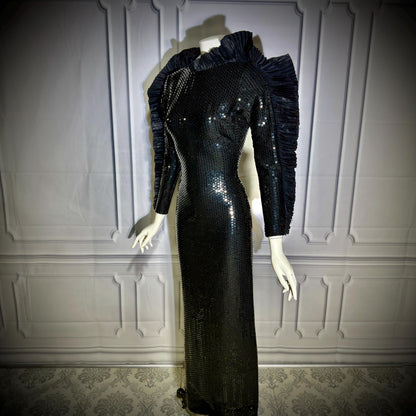 LORIS AZZARO Vintage evening dress gown, Giorgio Beverly Hills, Bodycon Black Sequin sheath, Malelificent