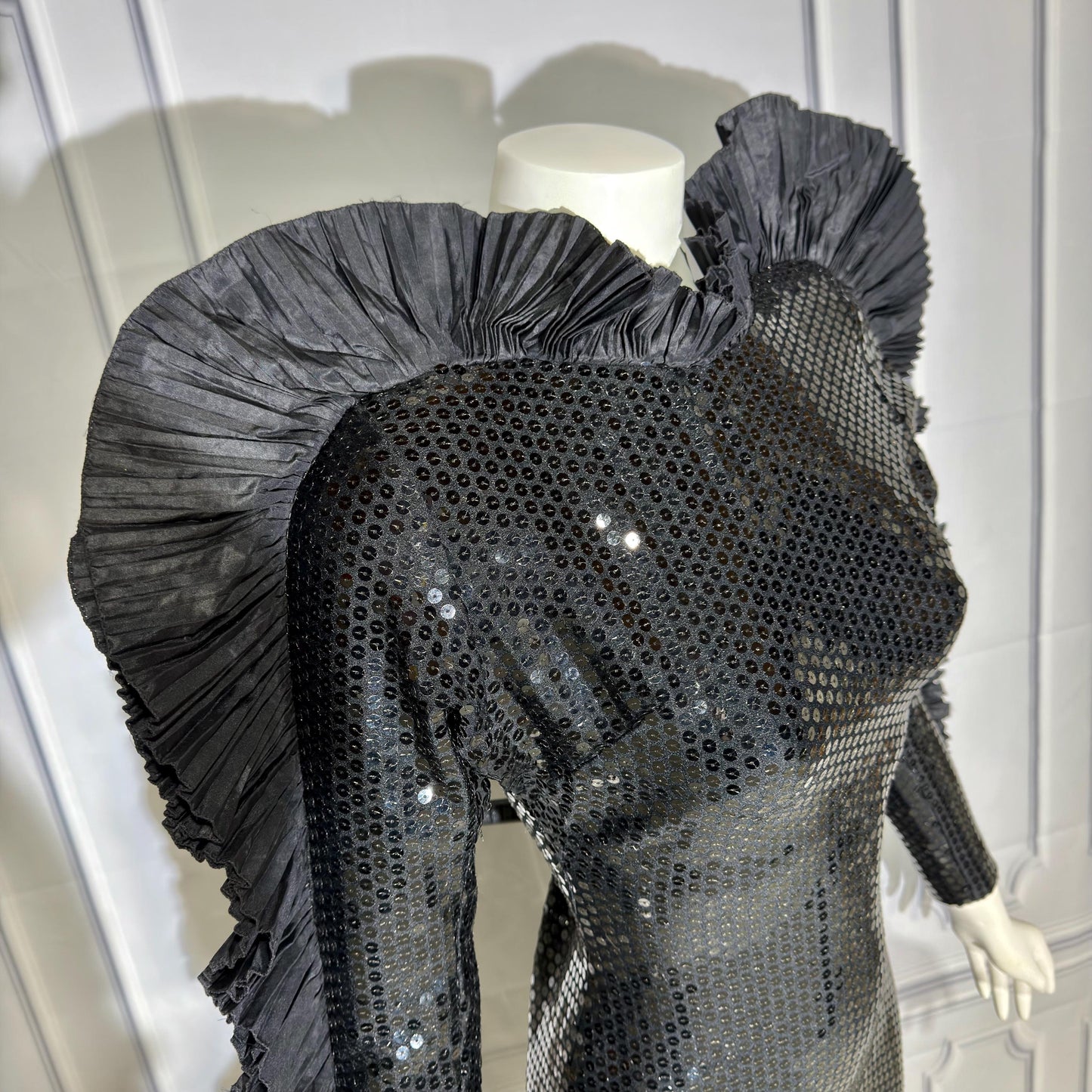 LORIS AZZARO Vintage evening dress gown, Giorgio Beverly Hills, Bodycon Black Sequin sheath, Malelificent